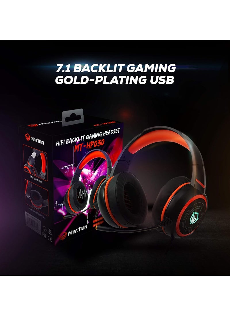 MEETION HP030 Wired Gaming Headphone Black with HIFI 7.1 Surround Sound, 10~20,000Hz Frequency Response, LED Backlit, Noise-Canceling Mic, Comfortable Earcups, Adjustable Headband, Gold Plated USB