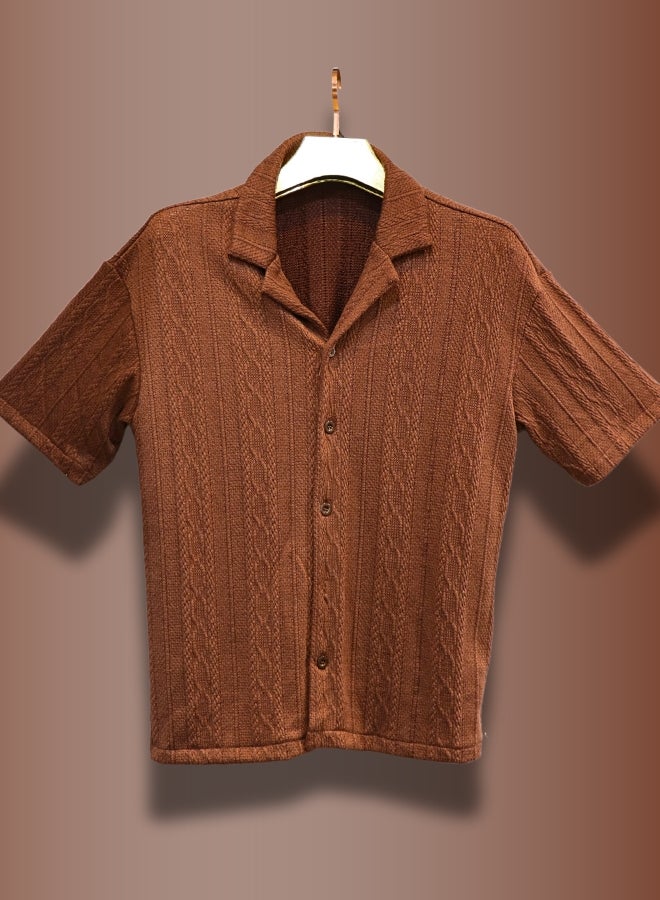 Men's Casual Short Sleeve Button-Down Shirt - Relaxed Fit Textured Beach Shirt