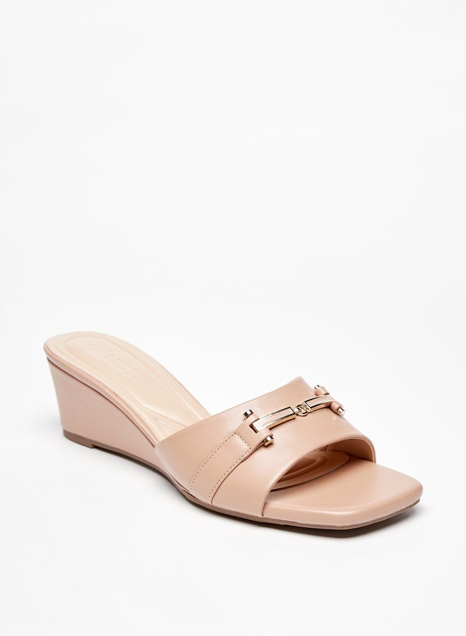 Women's Solid Slip-On Sandals with Metallic Accent and Wedge Heels