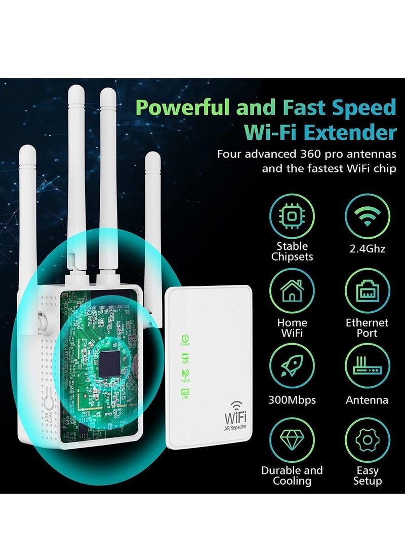 WiFi Signal Booster, 2.4G/300Mbps WiFi Extender, Cover Up to 5,000sq.ft, Support 40+ Devices, Wireless Internet Repeater with 4 Antennas and 2 Ethernet Port for Home and Office