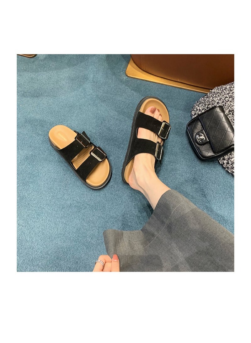 Women's Summer Sandal Slippers Holiday Retro Casual Thick Bottom Double Buckle Strap Slippers Outer Wear