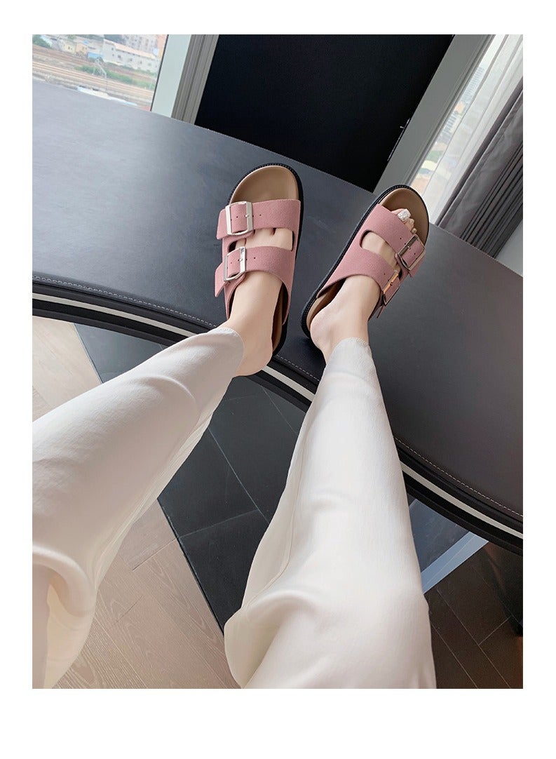 Women's Summer Sandal Slippers Holiday Retro Casual Thick Bottom Double Buckle Strap Slippers Outer Wear