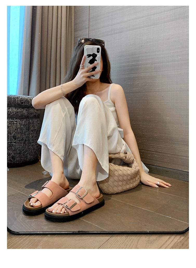 Women's Summer Sandal Slippers Holiday Retro Casual Thick Bottom Double Buckle Strap Slippers Outer Wear