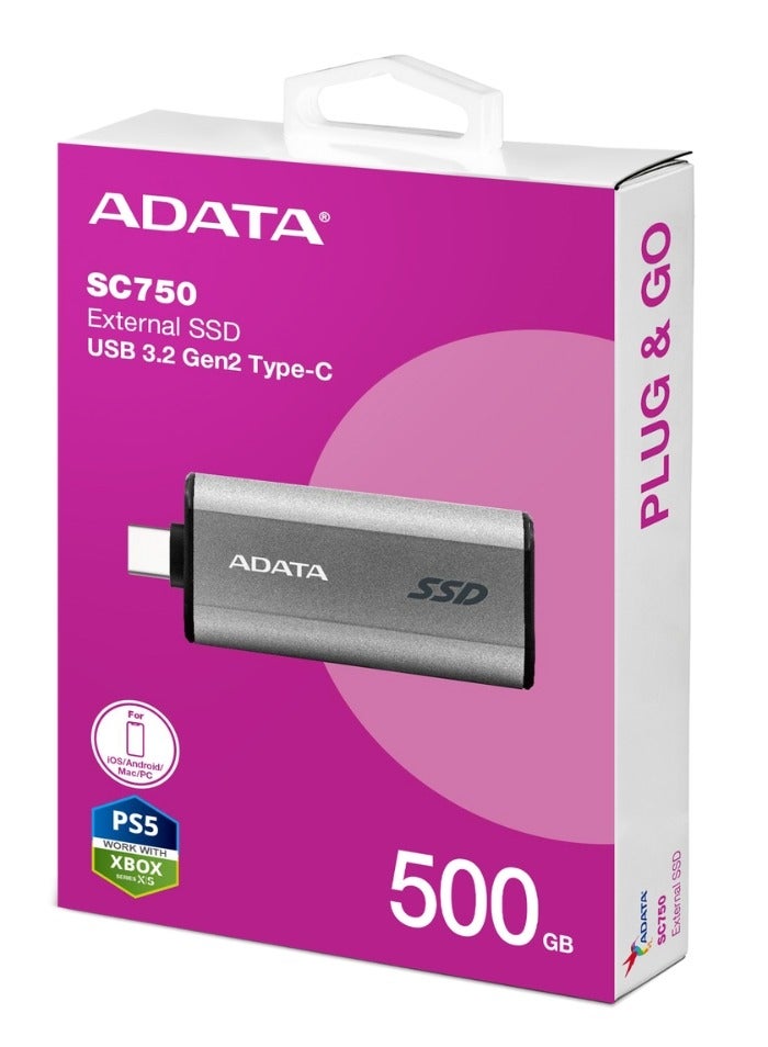 ADATA SC750 500GB External Portable SSD USB-C 3.2 Gen 2 | High-speed Up to 1000 MB/s- | Black Titanium