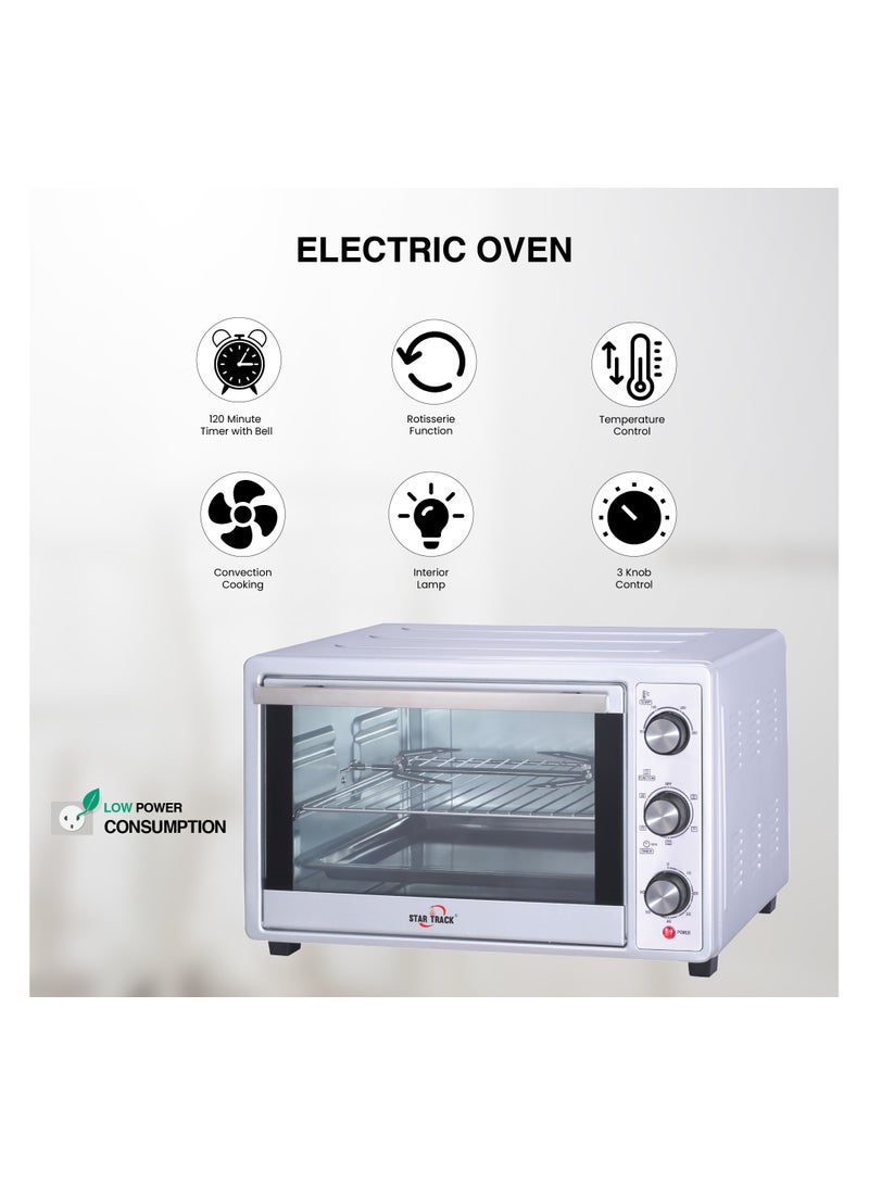 STAR TRACK 35L Electric Oven with Rotisserie, Convection, 120-Min Timer, Temperature Control 100°C-250°C, Up/Down and Dual Function, 3 Knob Control, 5 Baking Accessories, Stainless Steel Body and Handle, 1500W