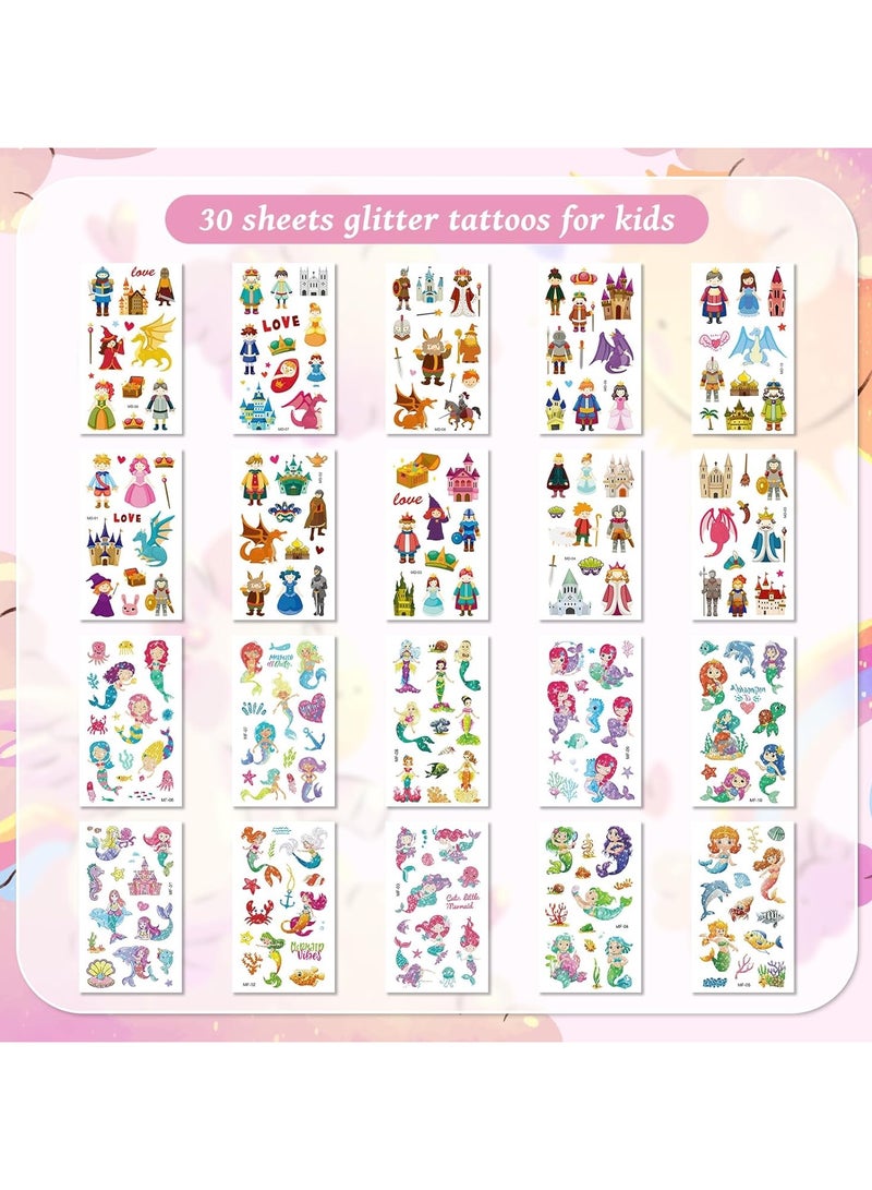 30 Sheets 300 Styles Glitter Tattoos Kids Tattoos Temporary Princess Mermaid Tattoos for Kids Girls Unicorn Tattoos Temporary Party Decorations Supplies Favors