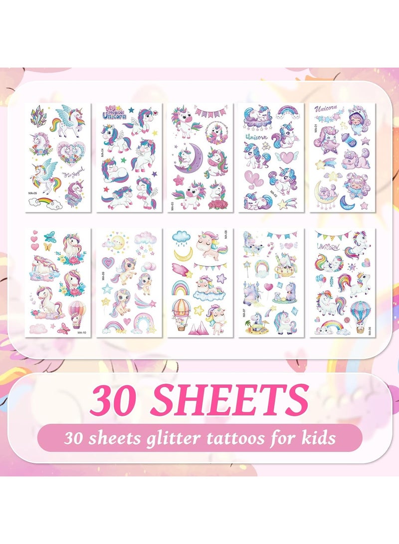 30 Sheets 300 Styles Glitter Tattoos Kids Tattoos Temporary Princess Mermaid Tattoos for Kids Girls Unicorn Tattoos Temporary Party Decorations Supplies Favors