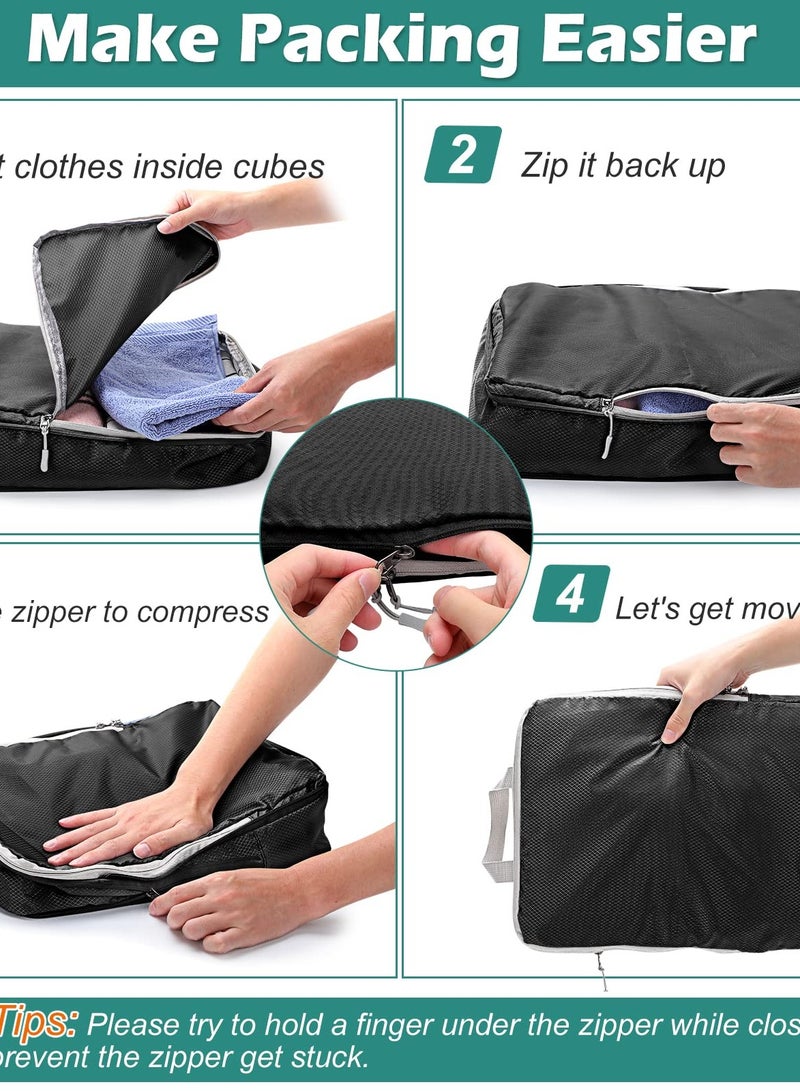 6 Piece Compression Packing Cubes for Travel Suitcase and Backpack Organizers. Essential Travel Bags for Men and Women in Black