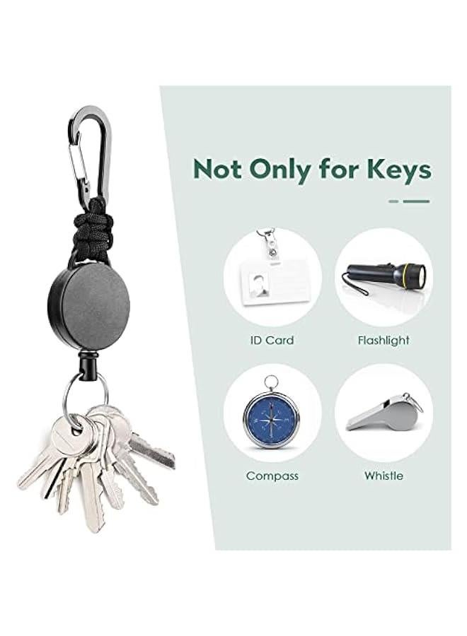 Braided Rope Retractable Key Ring 2 Pack Rope Keychain Badge Holder with Carabiner Tactical ID Badge Coil Clip with 60 cm Retractable Steel Cable