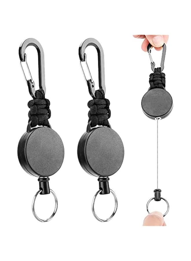 Braided Rope Retractable Key Ring 2 Pack Rope Keychain Badge Holder with Carabiner Tactical ID Badge Coil Clip with 60 cm Retractable Steel Cable