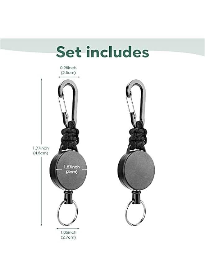 Braided Rope Retractable Key Ring 2 Pack Rope Keychain Badge Holder with Carabiner Tactical ID Badge Coil Clip with 60 cm Retractable Steel Cable