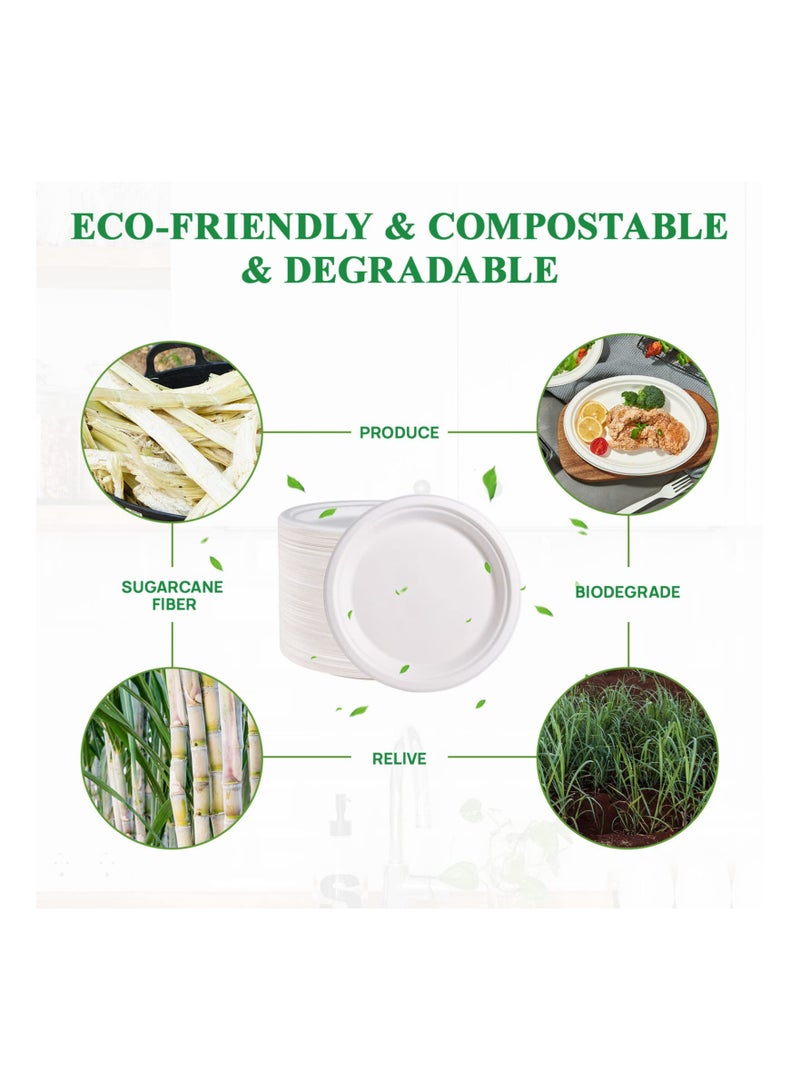 150 Pack Paper Plates 9 inch 100% Compostable Plates {PFAS-Free} - {BPI Certified} Heavy-Duty Disposable Paper Plates Bagasse Natural Biodegradable Eco-Friendly Sugarcane Plates（White）