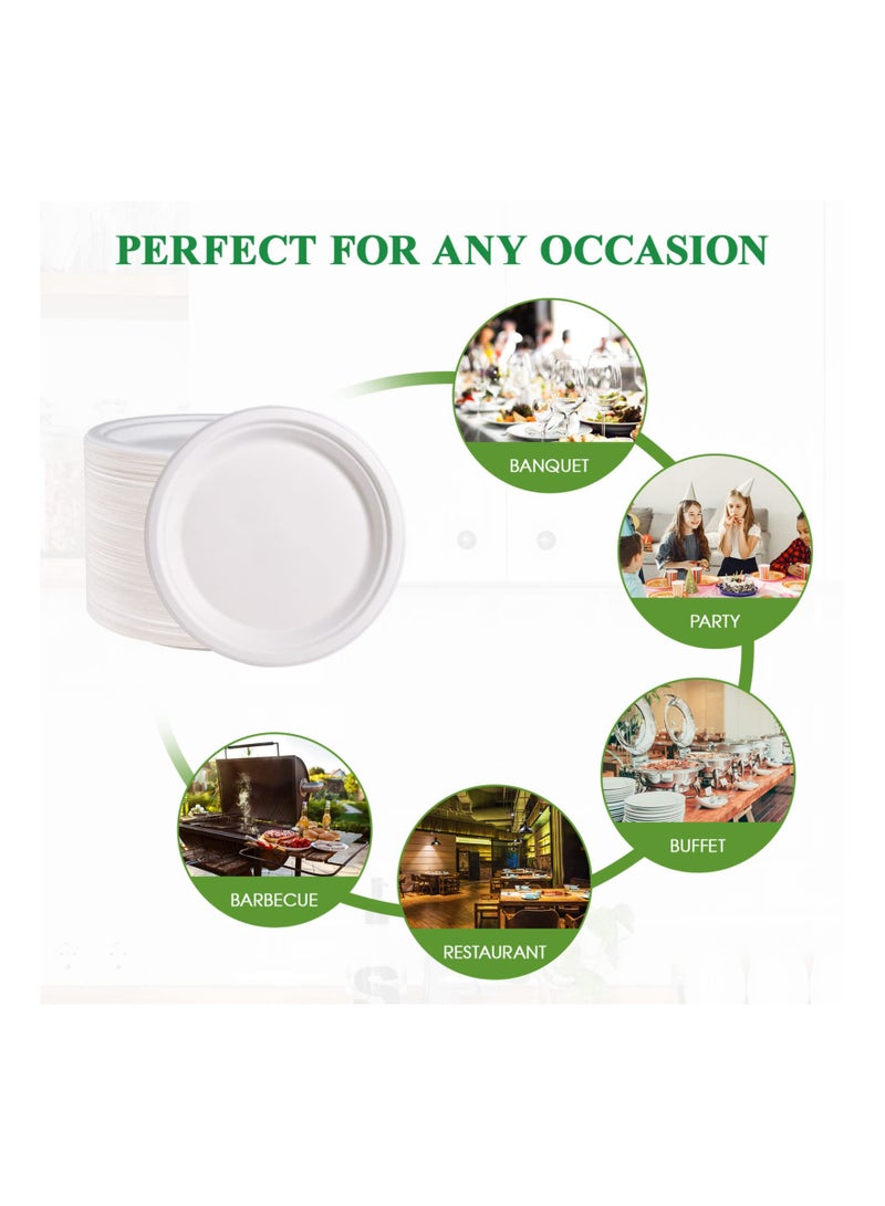 150 Pack Paper Plates 9 inch 100% Compostable Plates {PFAS-Free} - {BPI Certified} Heavy-Duty Disposable Paper Plates Bagasse Natural Biodegradable Eco-Friendly Sugarcane Plates（White）