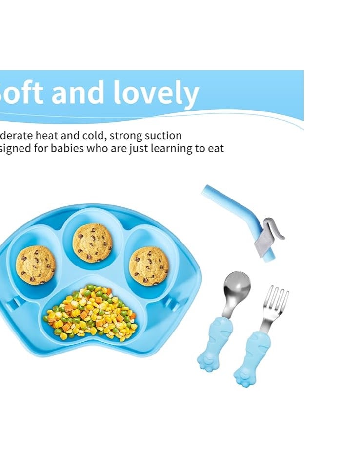 Silicone Baby Feeding Tableware, with Suction Separator Children's Dinner Plates, Baby Self -Food Tableware Kit(Blue)