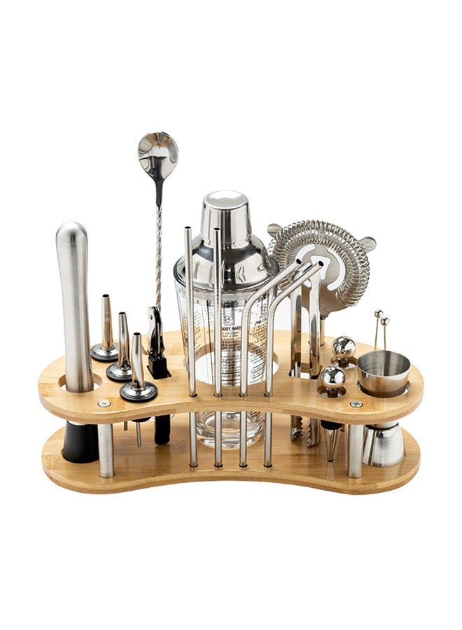 19 Piece Stainless Steel Cocktail Shaker Set with Stylish Bamboo Stand
