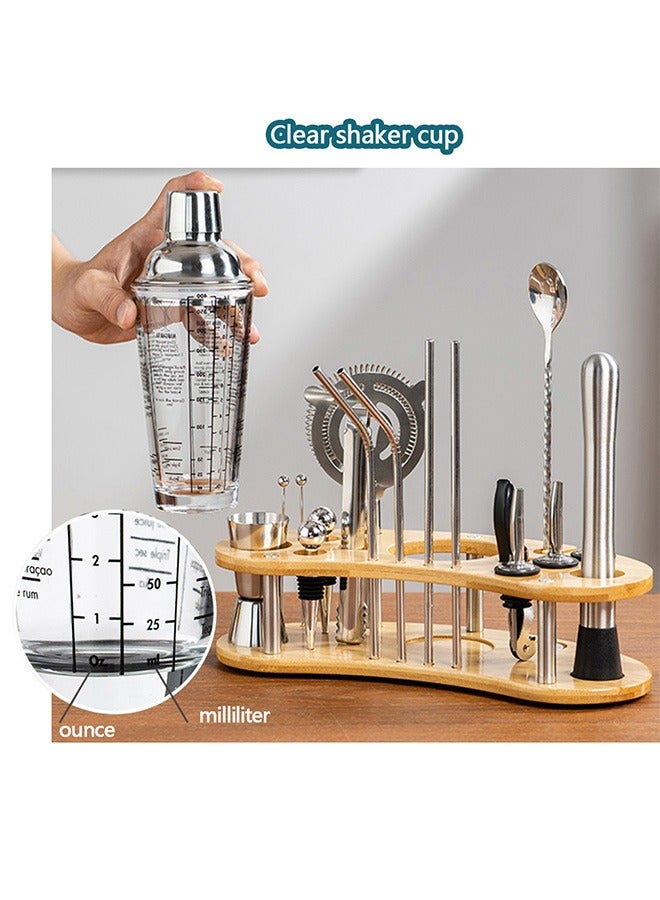 19 Piece Stainless Steel Cocktail Shaker Set with Stylish Bamboo Stand