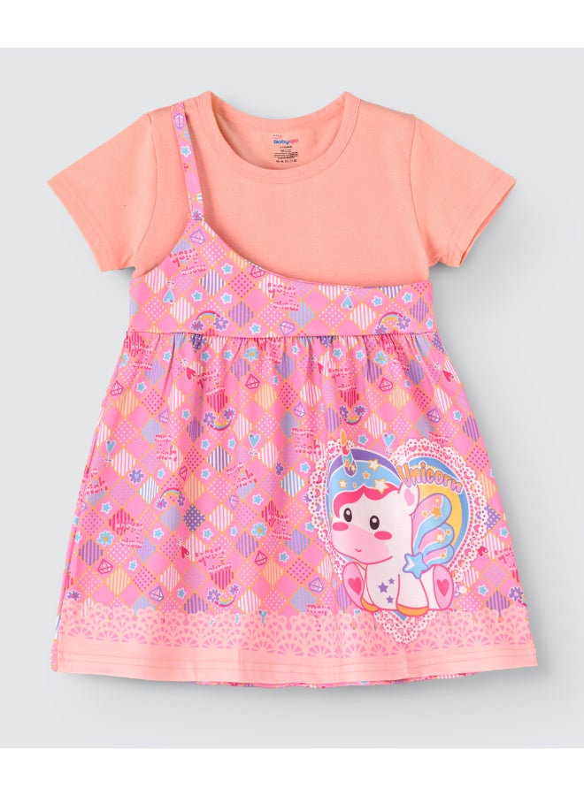 One Shoulder Unicorn Printed Spaghetti Dress With Attached T-Shirt Pink