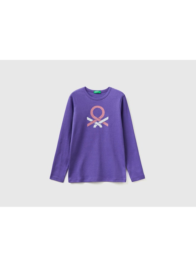 Long Sleeve T-shirt With Glitter Print - Violet