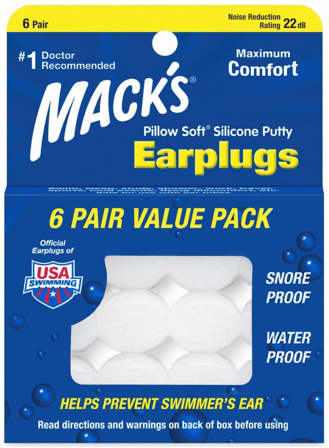 Mack's Pillow Soft Silicone Earplugs - 6 Pair, Value Pack The Original Moldable Silicone Putty Ear Plugs for Sleeping, Snoring, Swimming, Travel, Concerts and Studying