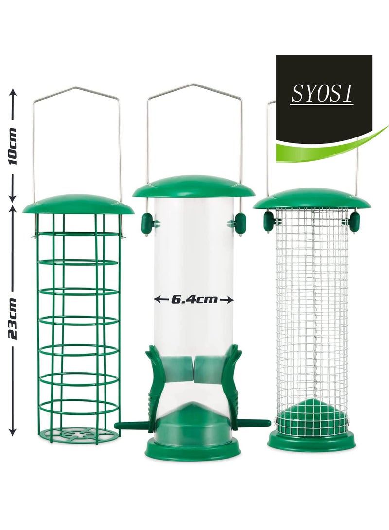 SYOSI 3Pack Metal Bird Feeder, Squirrel-Proof Hanging Bird Feeder Station for Garden, Backyard, Lawn Set of Tube, Dense Mesh, Coarse Mesh Wild Bird Feeders for Nuts, Seeds, Fat Balls