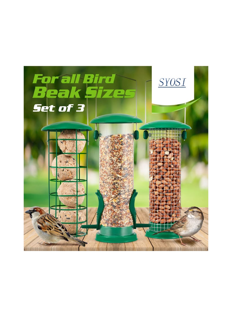 SYOSI 3Pack Metal Bird Feeder, Squirrel-Proof Hanging Bird Feeder Station for Garden, Backyard, Lawn Set of Tube, Dense Mesh, Coarse Mesh Wild Bird Feeders for Nuts, Seeds, Fat Balls