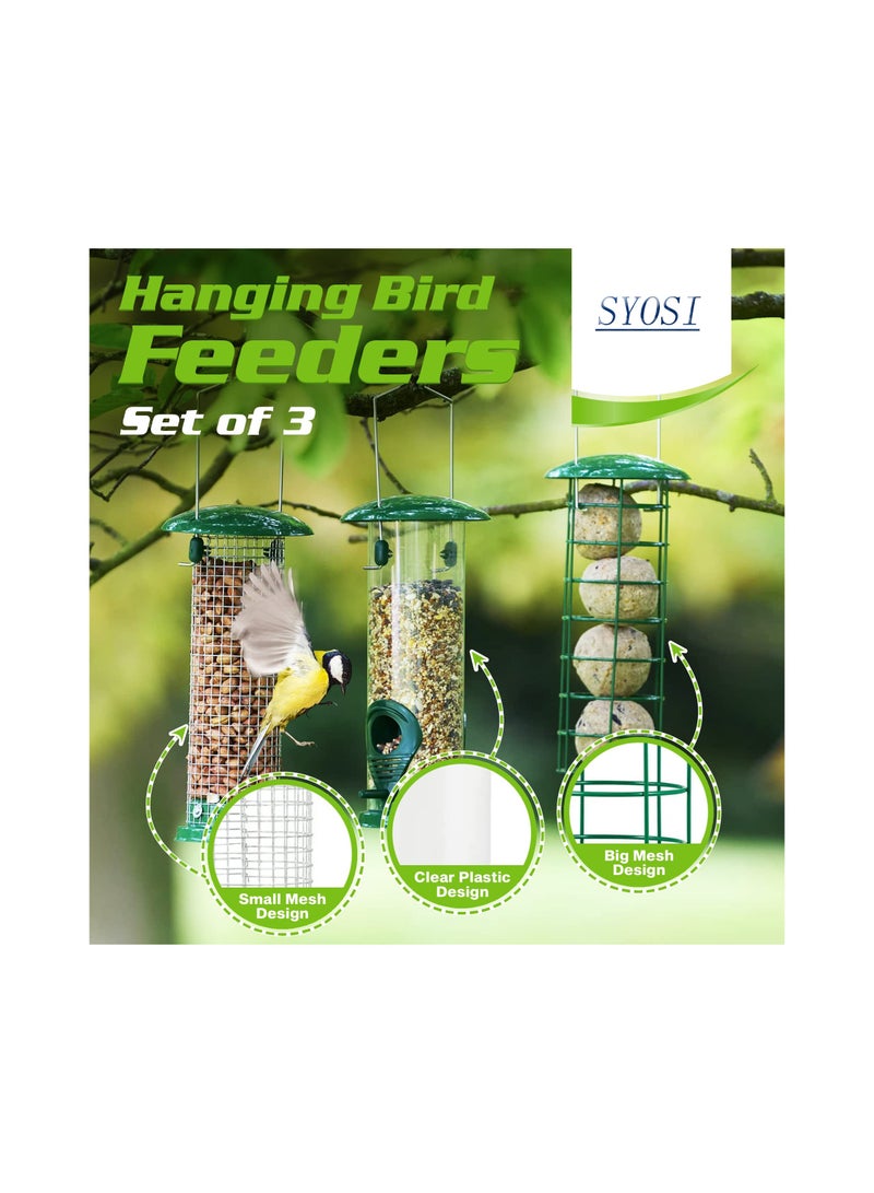 SYOSI 3Pack Metal Bird Feeder, Squirrel-Proof Hanging Bird Feeder Station for Garden, Backyard, Lawn Set of Tube, Dense Mesh, Coarse Mesh Wild Bird Feeders for Nuts, Seeds, Fat Balls