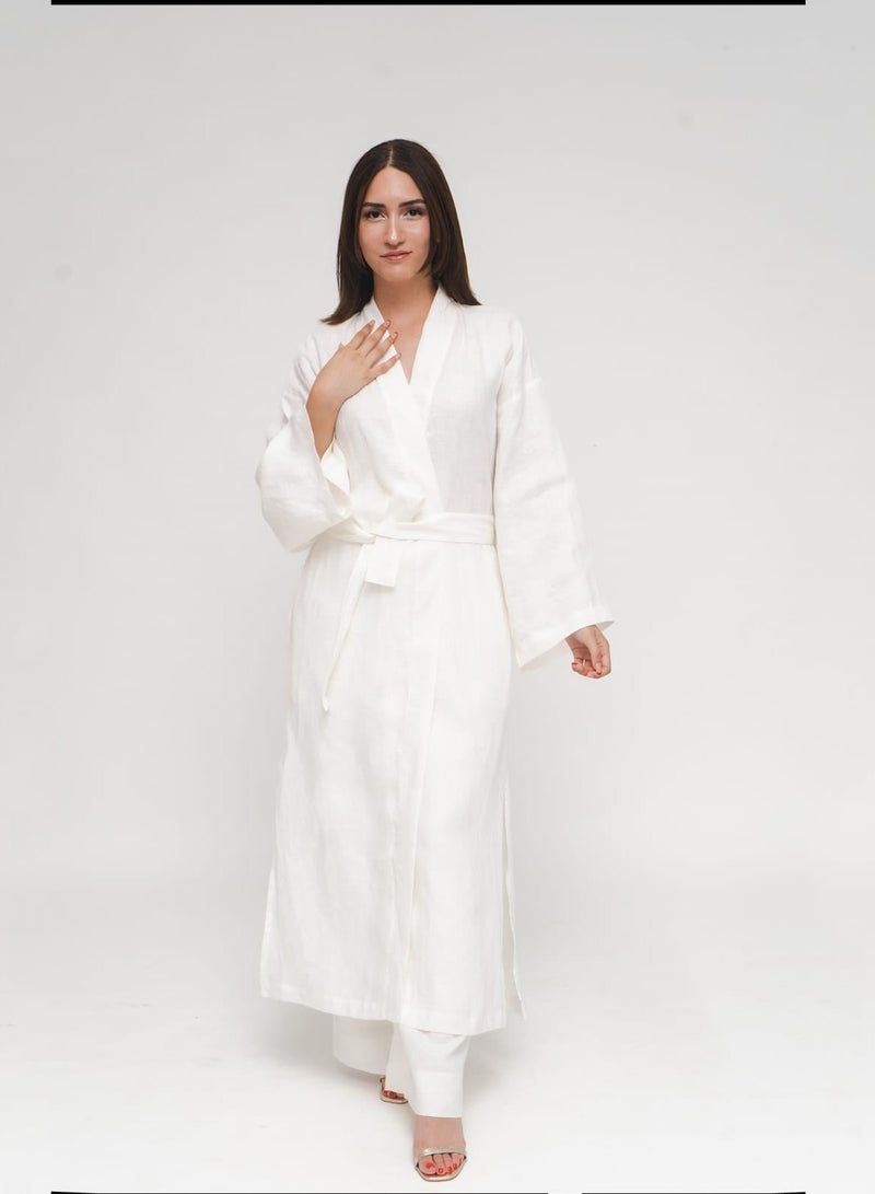 Reese, Italian Linen Kimono Midcalf Jacket in White