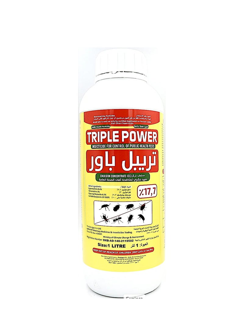 TRIPLE POWER is a Potent Insecticide Designed for Public Health and Household use. It Combines Three Active Ingredients Cypermethrin 8.4%Tetramethrin 3% and Piperonyl Butoxide 6.3% to Provide Effective Control Against a Broad Spectrum of Pests Including Aphids Mosquitoes Cockroaches Flies Ants and More.