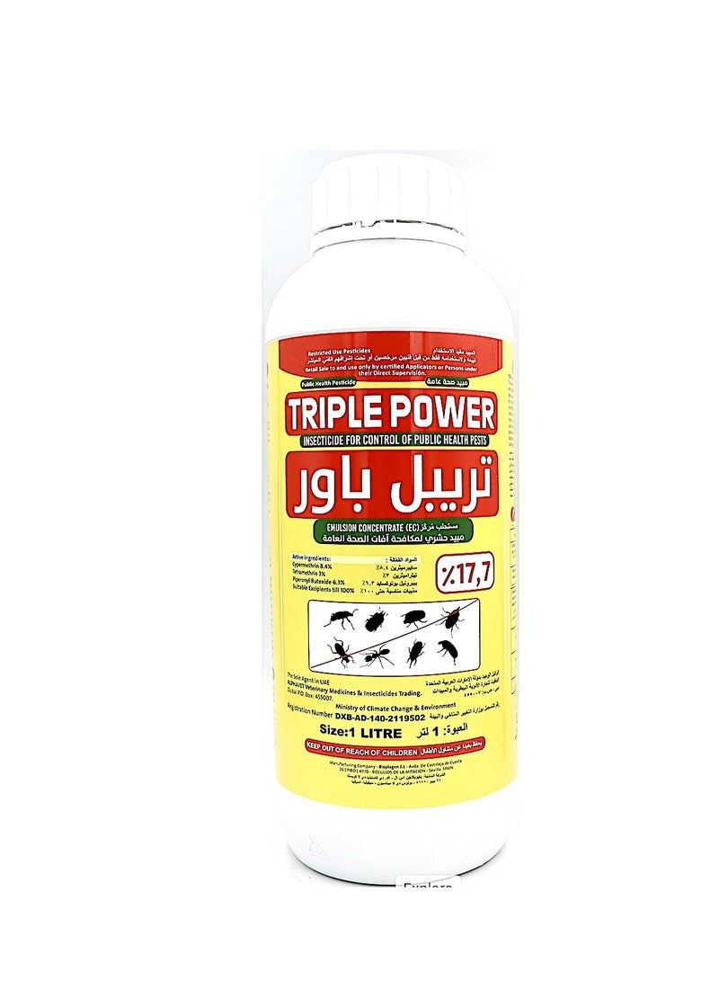 TRIPLE POWER is a Potent Insecticide Designed for Public Health and Household use. It Combines Three Active Ingredients Cypermethrin 8.4%Tetramethrin 3% and Piperonyl Butoxide 6.3% to Provide Effective Control Against a Broad Spectrum of Pests Including Aphids Mosquitoes Cockroaches Flies Ants and More.