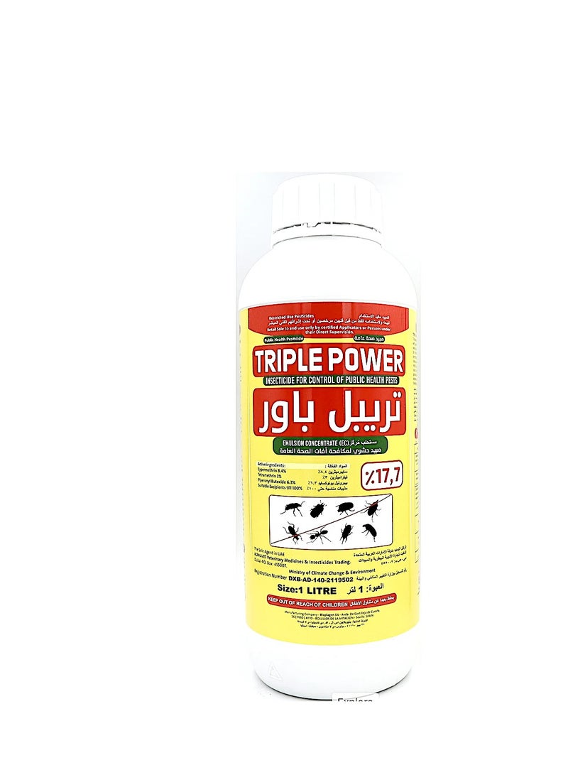 TRIPLE POWER is a Potent Insecticide Designed for Public Health and Household use. It Combines Three Active Ingredients Cypermethrin 8.4%Tetramethrin 3% and Piperonyl Butoxide 6.3% to Provide Effective Control Against a Broad Spectrum of Pests Including Aphids Mosquitoes Cockroaches Flies Ants and More.