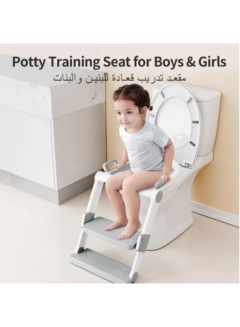 Adjustable Potty for Kids Potty Training Seat with Step Ladder for Kids and Babies Foldable Bathroom Stool with Soft PU Seat and Wide Non-Slip Steps, Grey