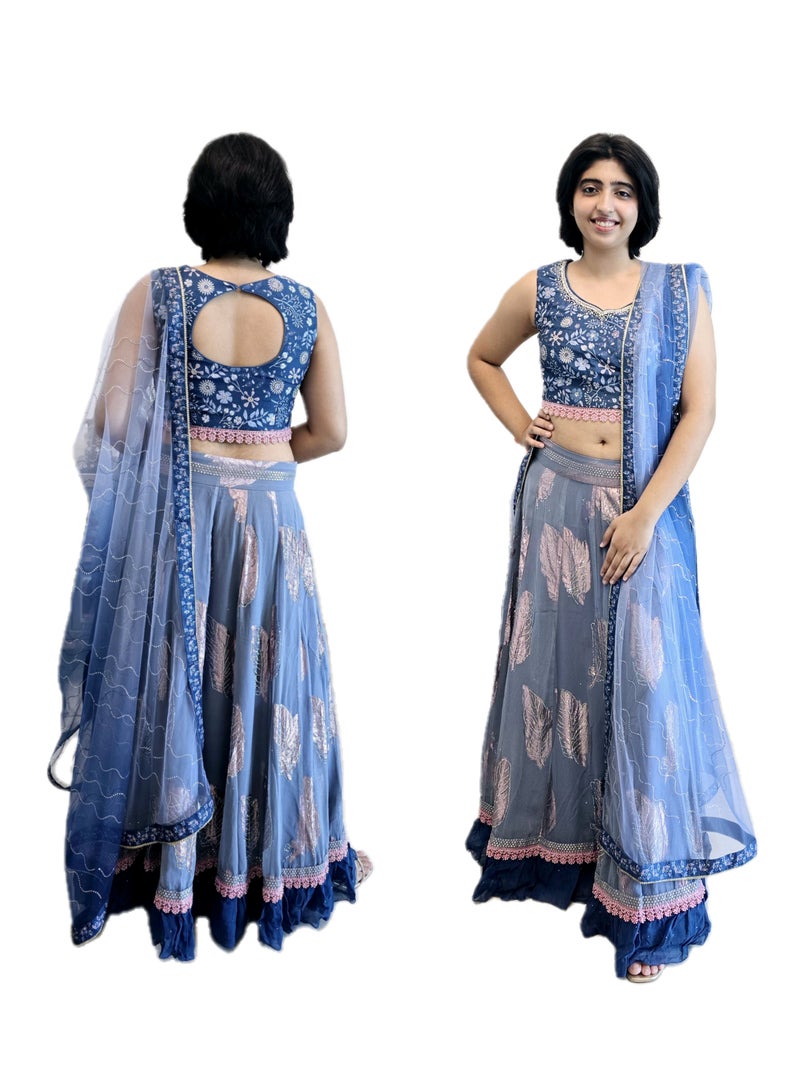 Ready To Wear Georgette Greyish Blue Stone Work Lehanga With Stitched Silk Designer Blouse Plus Net Dupatta