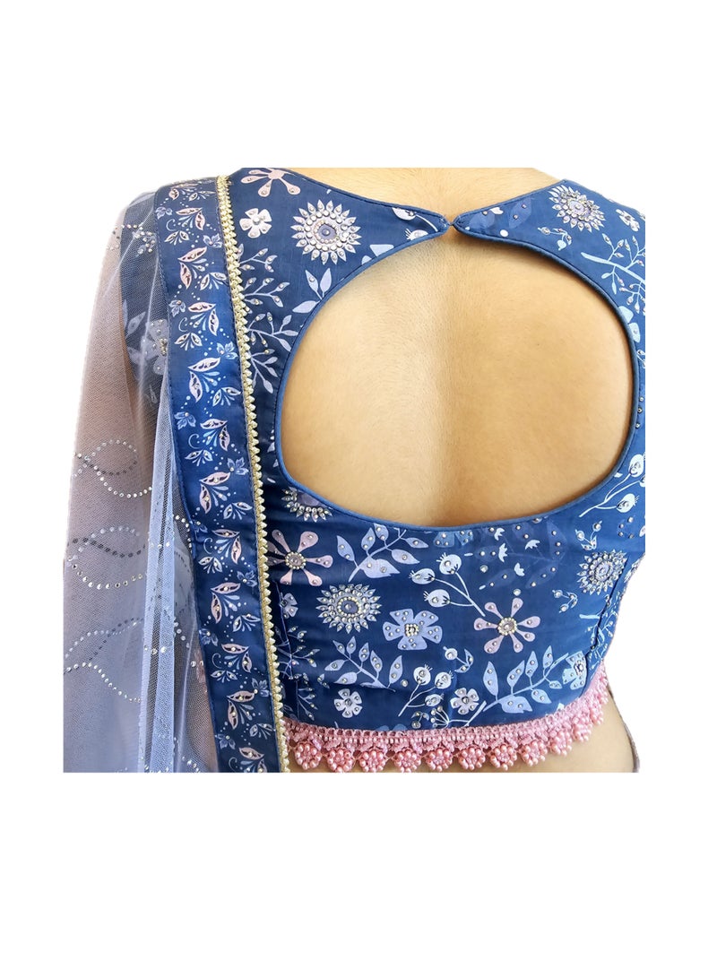 Ready To Wear Georgette Greyish Blue Stone Work Lehanga With Stitched Silk Designer Blouse Plus Net Dupatta