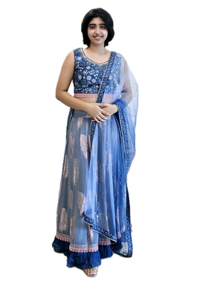 Ready To Wear Georgette Greyish Blue Stone Work Lehanga With Stitched Silk Designer Blouse Plus Net Dupatta