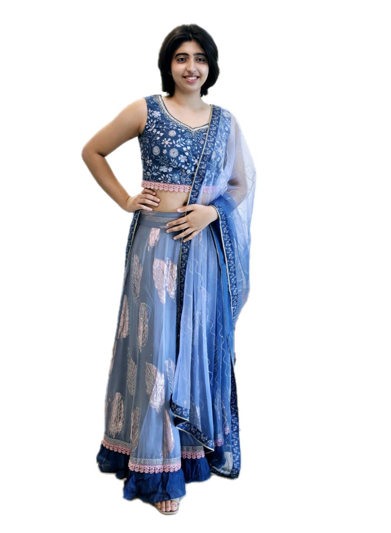 Ready To Wear Georgette Greyish Blue Stone Work Lehanga With Stitched Silk Designer Blouse Plus Net Dupatta