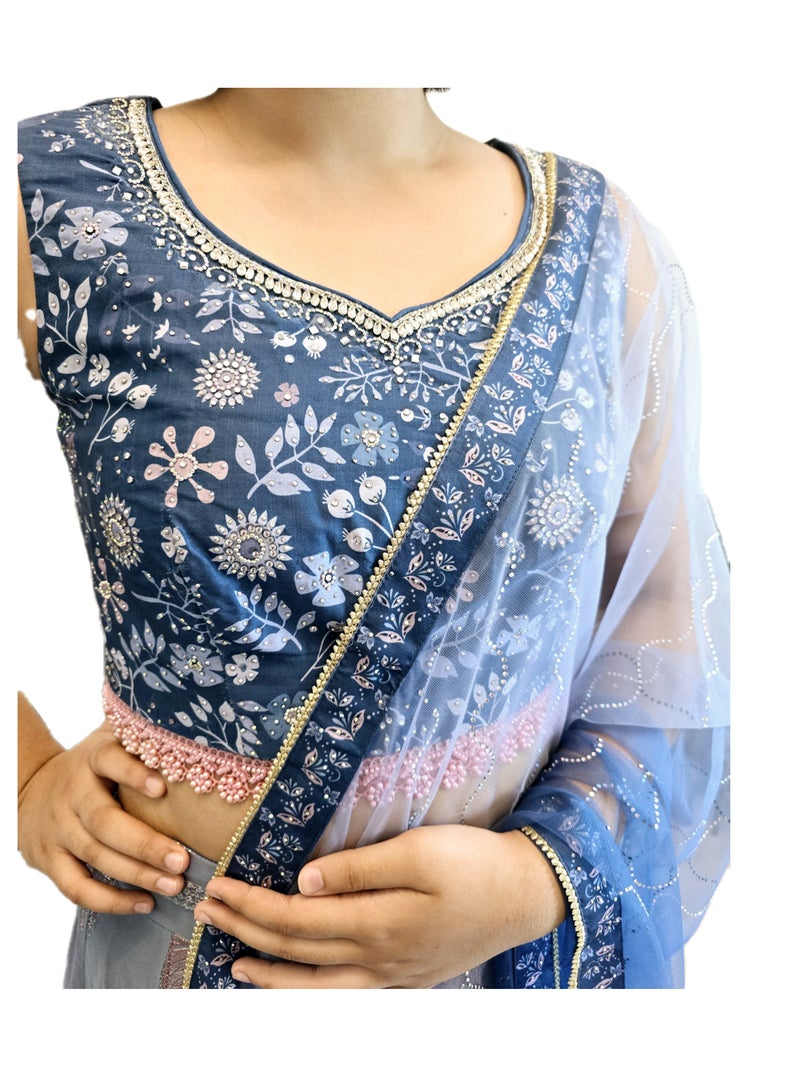 Ready To Wear Georgette Greyish Blue Stone Work Lehanga With Stitched Silk Designer Blouse Plus Net Dupatta