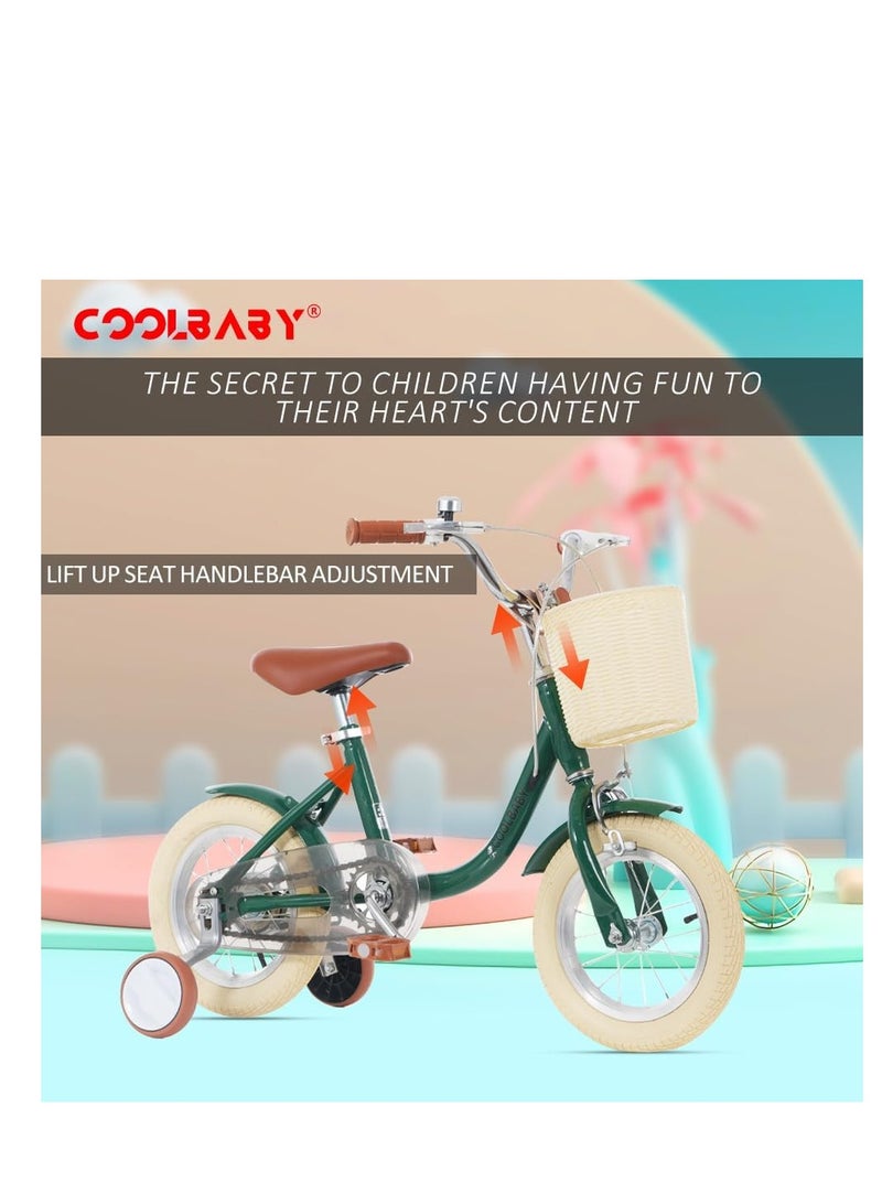 COOLBABY Princess Children's Bicycles are Suitable for Children Aged 2-5 Children's Bicycles with Adjustable Height with Storage Baskets and Auxiliary Wheels