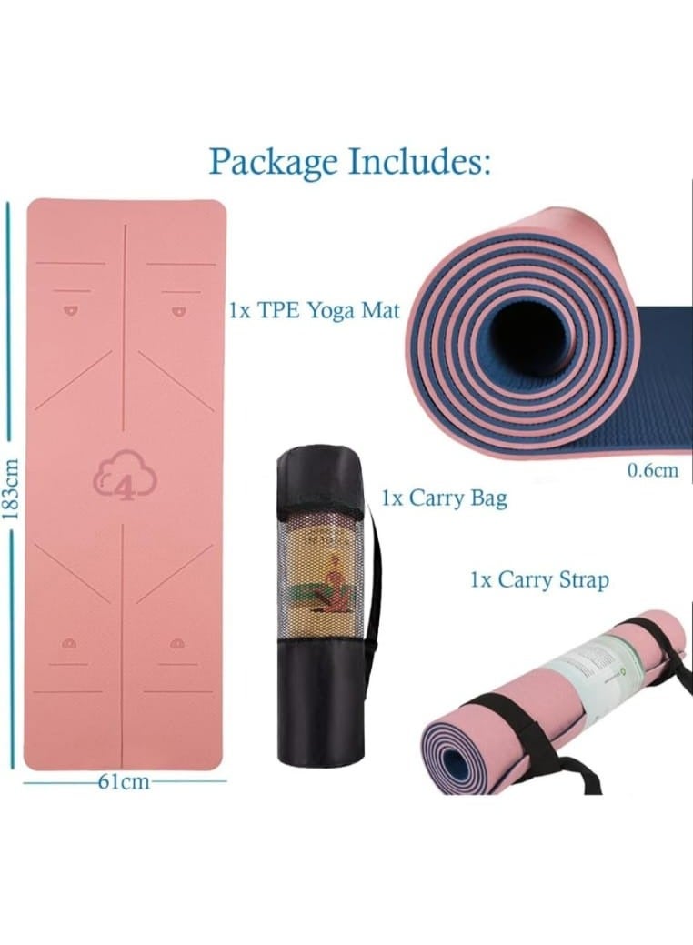 Yoga Mat, Non-slip 6mm Thick Workout Mat with Alignment Lines Perfect for Pilates, Meditation, Stretching, Fitness Training, Exercise Mat with Carry Bag and Travel Strap for Gym and Home