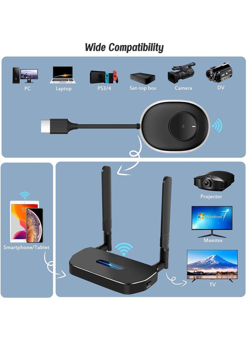 Wireless HDMI Transmitter and Receiver 4K Kit, Full HD 4K Wireless Presentation Equipment HDMI Adapter, Plug and Play Streaming Media. Laptop, Dongle, PC, PS4, Smart Phone to HDTV/Projector