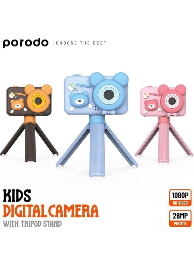 Porodo Kids Digital Camera With Tripod Stand: 26MP Camera Resolution, Front & Selfie Camera, 4-5H Working Time, 2H Recharge Time, 400mAh Battery, 2.0