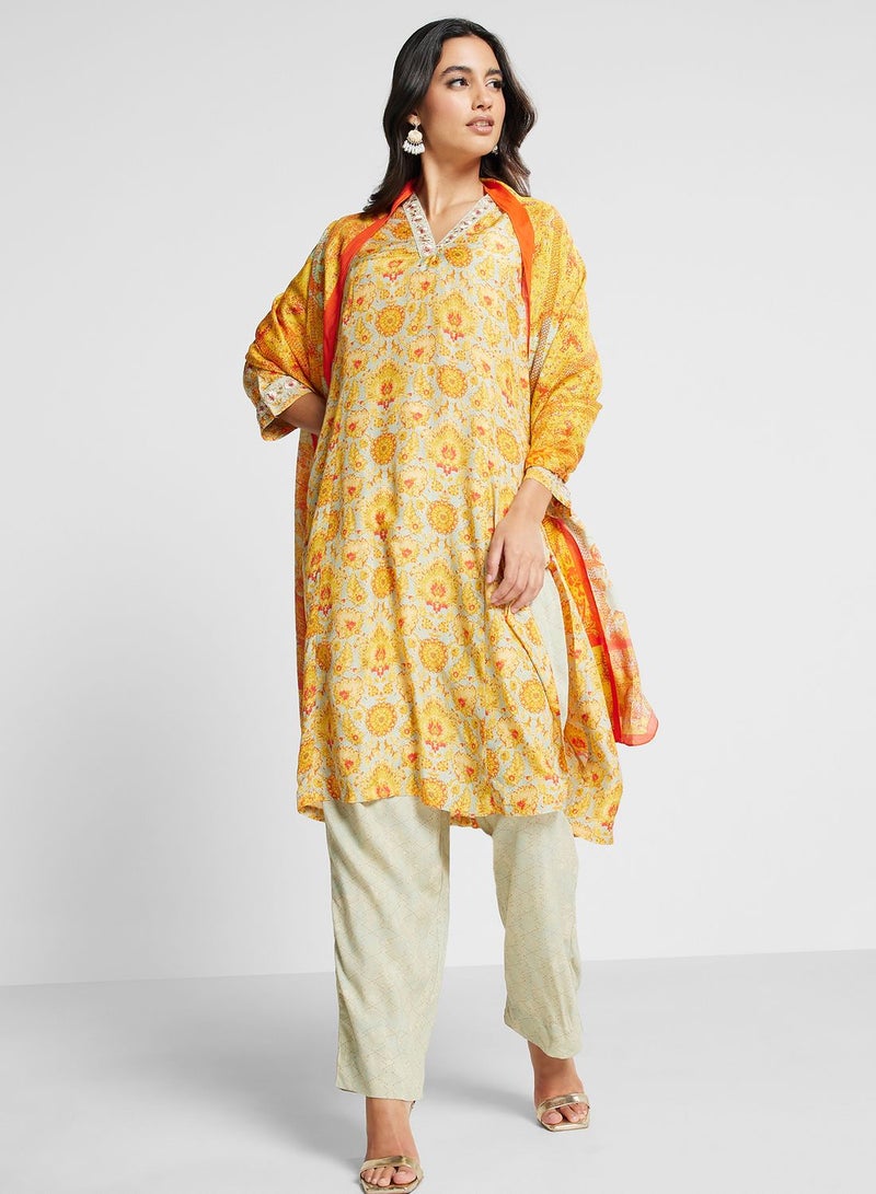 V-Neck Printed Kurti & Pants Set