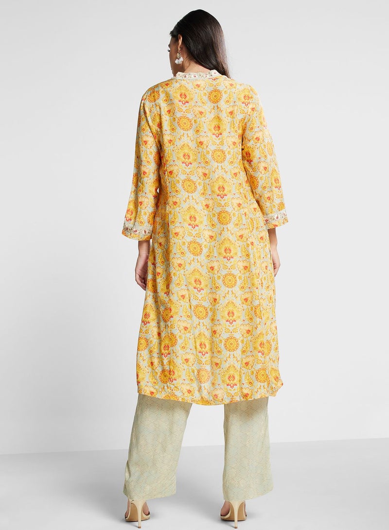 V-Neck Printed Kurti & Pants Set