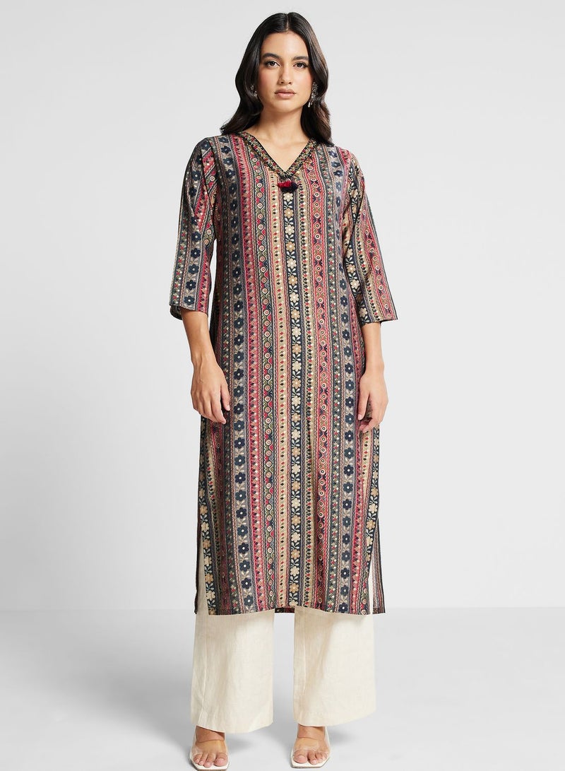 Printed With Neck Embroidered Kurti