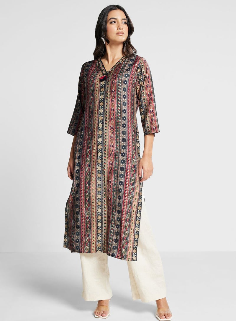 Printed With Neck Embroidered Kurti