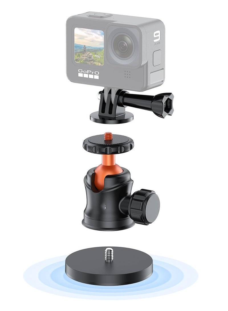 Magnetic Camera Mount for GoPro and Action Cameras with 360° Ball Head and 1/4 Thread for Easy Car Attachment