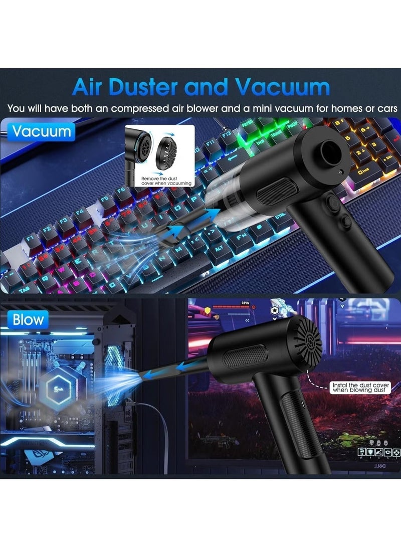 Compressed Air Duster and Vacuum, 3 in 1 Handheld Car Vacuum/Air Blower & Pump, 3 Gear Adjustable Electric Air Duster/Car Vacuum Cleaner, Keyboard Duster with LED Light-10 Kits Air Blower for Computer