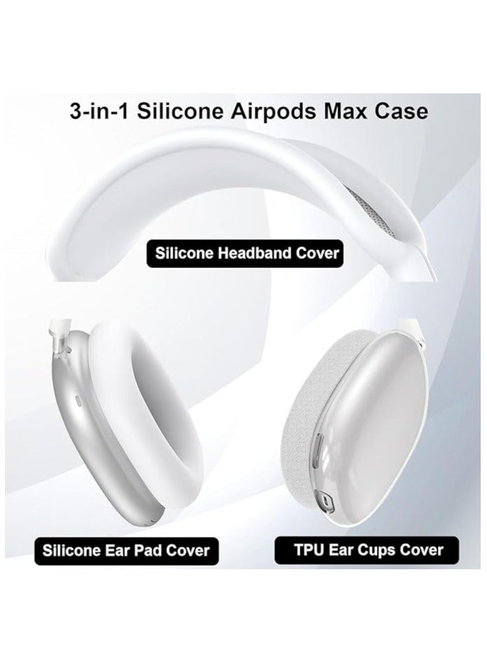 3-in-1 Accessories Case Protector Cover for Airpods Max White，Silicone Case Cover for AirPods Max Headphones,Anti-Scratch Ear Pad Case Cover/Clear TPU Ear Cups Cover/Headband Cover for AirPods Max