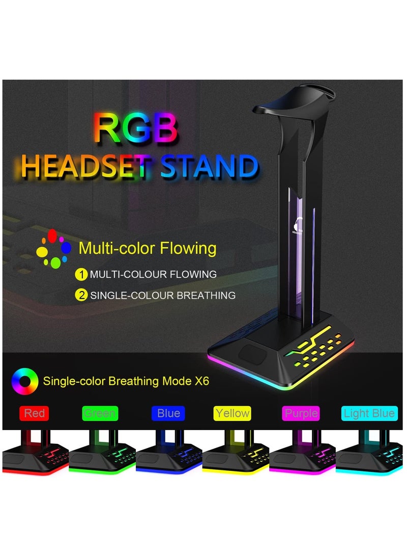 RGB Headphone Stand, Gaming Accessories Headset Stand with 2 USB and 1 Type-C Ports, Cool LED Headset Holder for PC Gamer Headphone Accessories for All Headphones (Black)