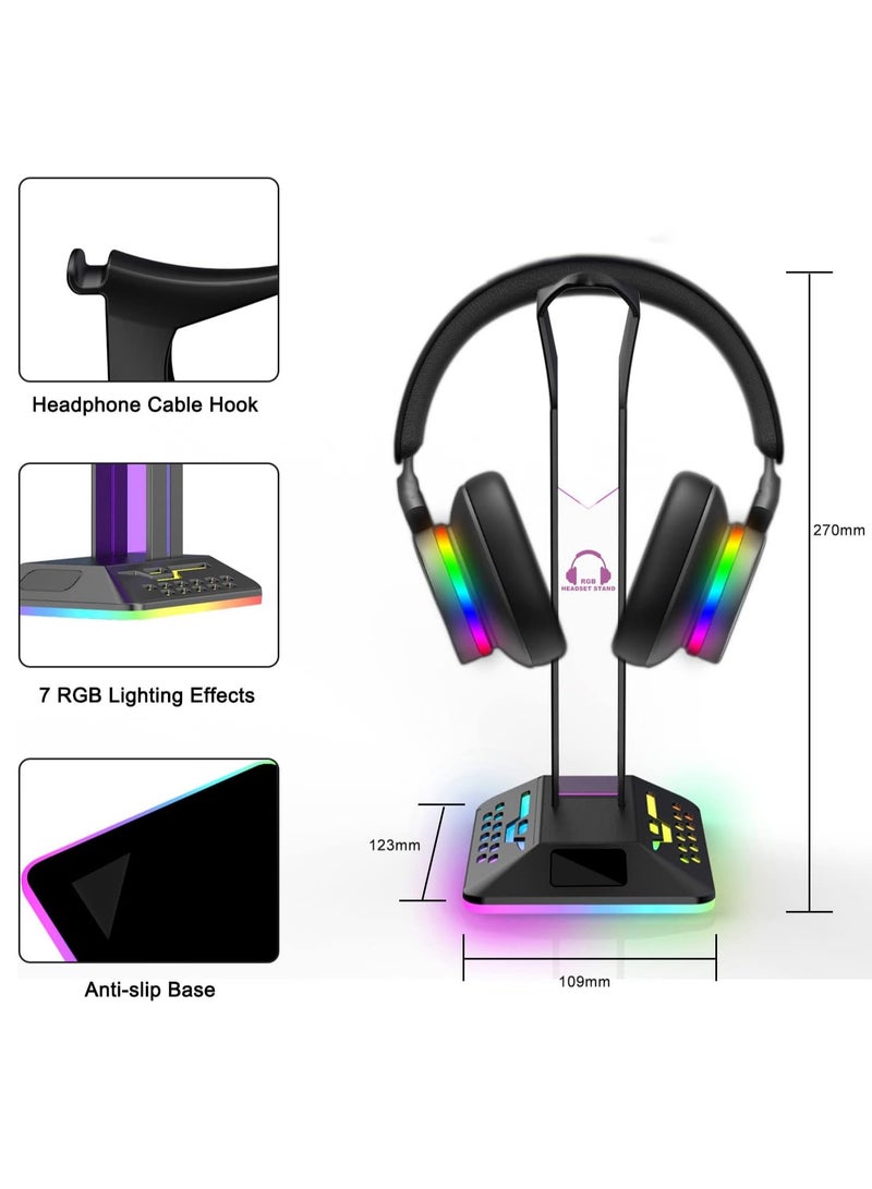 RGB Headphone Stand, Gaming Accessories Headset Stand with 2 USB and 1 Type-C Ports, Cool LED Headset Holder for PC Gamer Headphone Accessories for All Headphones (Black)