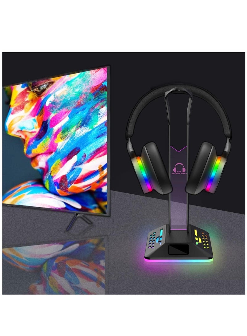 RGB Headphone Stand, Gaming Accessories Headset Stand with 2 USB and 1 Type-C Ports, Cool LED Headset Holder for PC Gamer Headphone Accessories for All Headphones (Black)